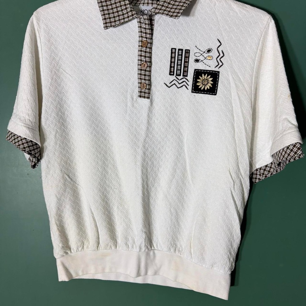 Vintage Koret 90s White Polo Shirt Plaid Trim Sunburst Graphic Womens Small